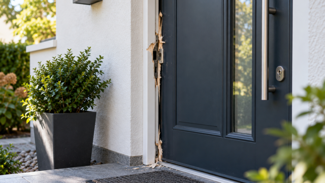 Geschlossene Wohnungstür mit sichtbarer kleiner Beschädigung am Rahmen, aus normalem Abstand fotografiert.