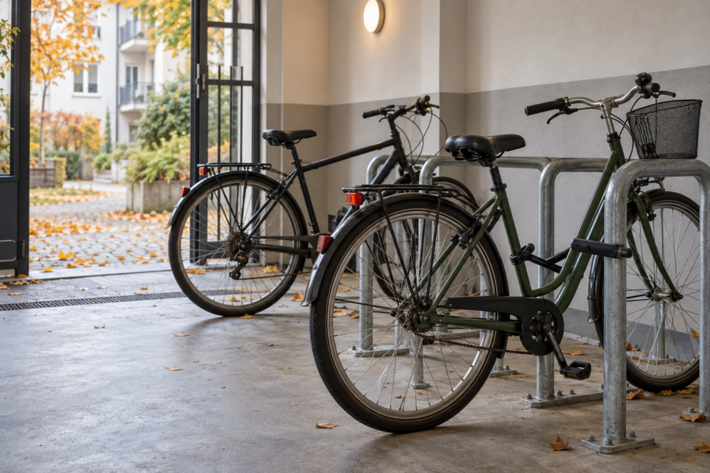Zwei Stadtfahrräder an festen Fahrradständern in einem überdachten Abstellbereich mit Blick in einen herbstlichen Innenhof.