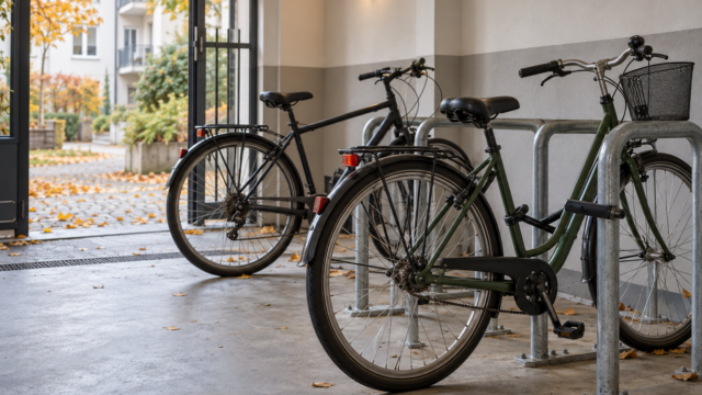 Zwei Stadtfahrräder an festen Fahrradständern in einem überdachten Abstellbereich mit Blick in einen herbstlichen Innenhof.