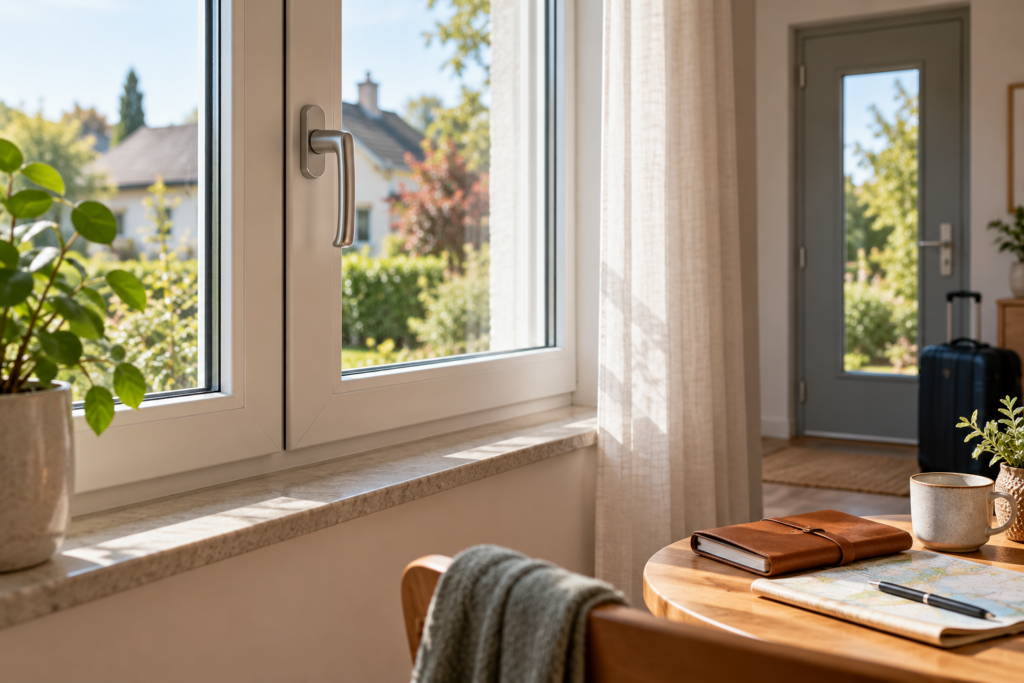Geschlossenes Fenster mit unauffälligem Griff in einem hellen Wohnraum vor einer Reise.