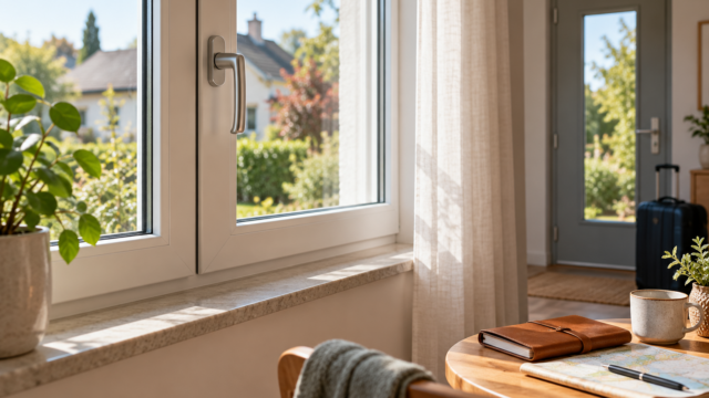 Geschlossenes Fenster mit unauffälligem Griff in einem hellen Wohnraum vor einer Reise.