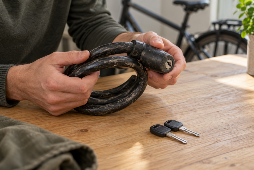 Gebrauchtes Fahrradschloss und zwei Schlüssel auf einem hellen Tisch bei einer Sichtprüfung.