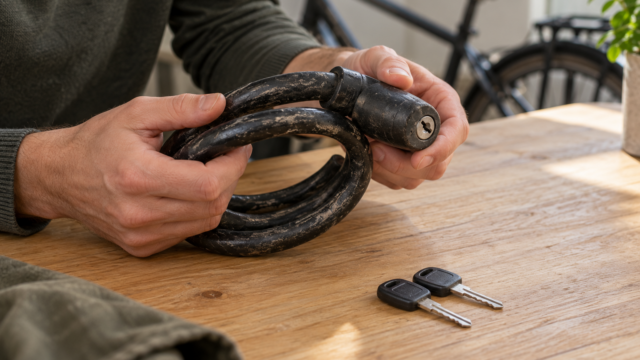 Gebrauchtes Fahrradschloss und zwei Schlüssel auf einem hellen Tisch bei einer Sichtprüfung.