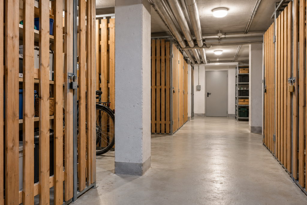 Heller gemeinsamer Kellerflur eines Mehrfamilienhauses mit geordneten Abteilen und freiem Durchgang.