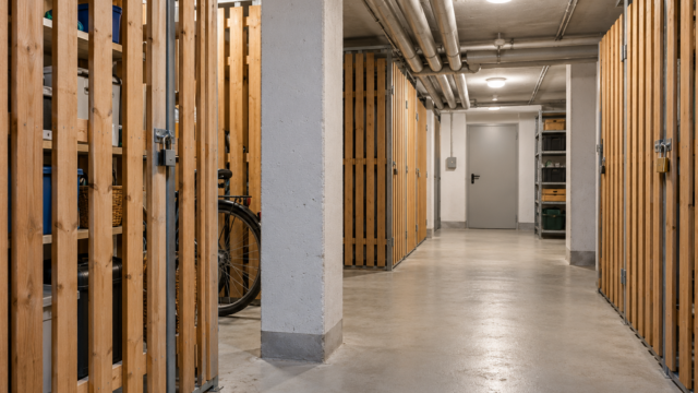 Heller gemeinsamer Kellerflur eines Mehrfamilienhauses mit geordneten Abteilen und freiem Durchgang.