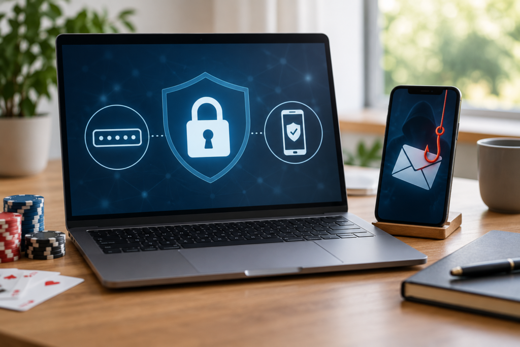 Laptop und Smartphone mit neutraler Sicherheitsansicht auf einem aufgeräumten Schreibtisch.