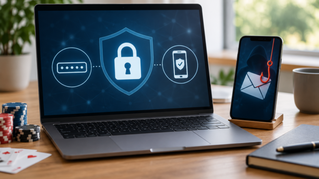 Laptop und Smartphone mit neutraler Sicherheitsansicht auf einem aufgeräumten Schreibtisch.