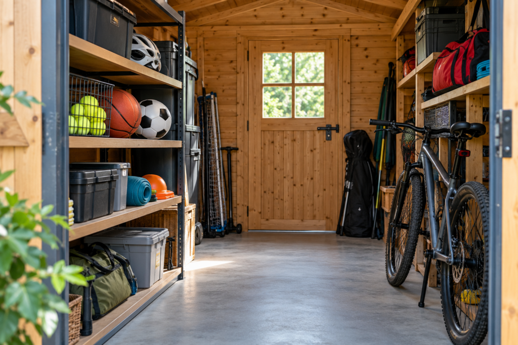 Aufgeräumtes Gartenhaus mit Sporttaschen, Bällen und einem Fahrrad an festen Stellplätzen.