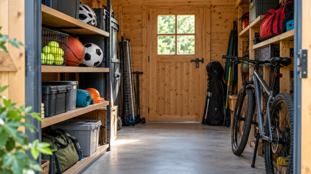 Aufgeräumtes Gartenhaus mit Sporttaschen, Bällen und einem Fahrrad an festen Stellplätzen.