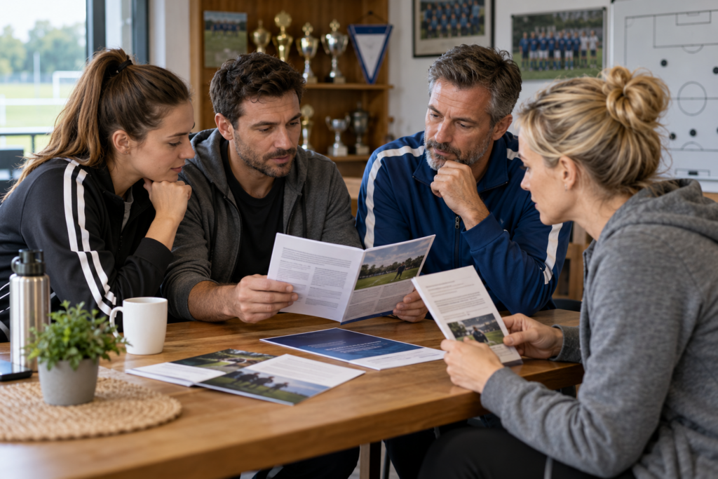 Erwachsene Vereinsmitglieder besprechen an einem Tisch Informationsmaterial ohne Marken oder Wettangebote.