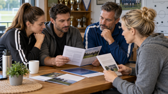 Erwachsene Vereinsmitglieder besprechen an einem Tisch Informationsmaterial ohne Marken oder Wettangebote.